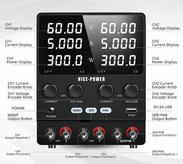 منبع تغذیه دوبل 60 ولت 5 آمپر مدل Nice-Power SPS605-2D ( اصلی )