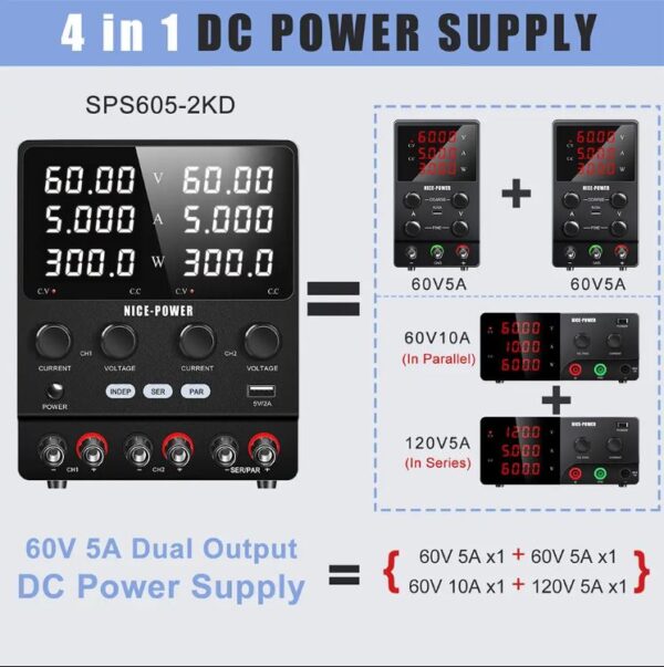 منبع تغذیه دوبل 60 ولت 5 آمپر مدل Nice-Power SPS605-2D ( اصلی )